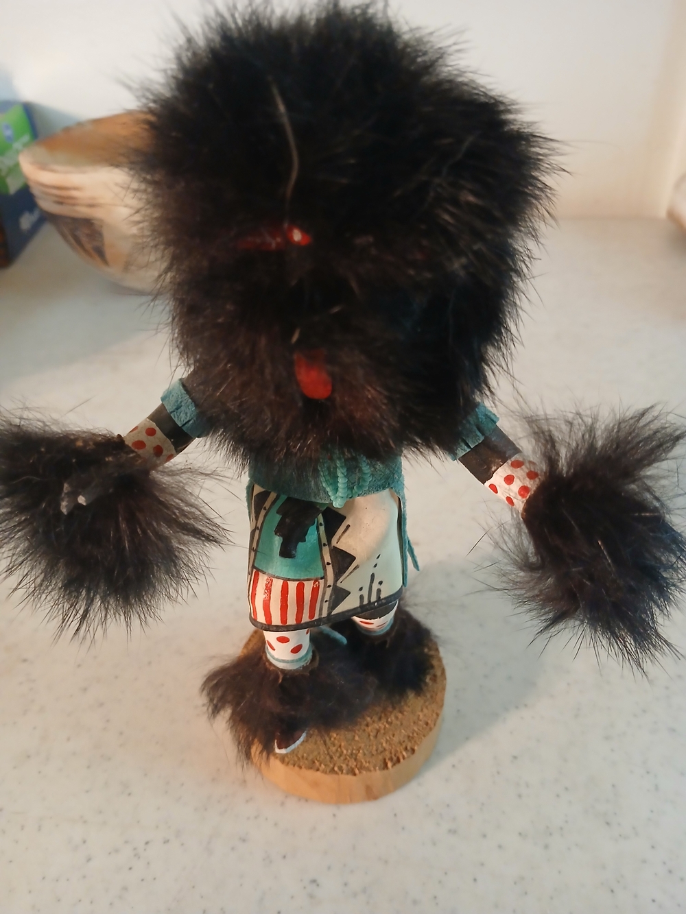 Handcrafted Black Bear Kachina Doll with Teal and Red Accents
